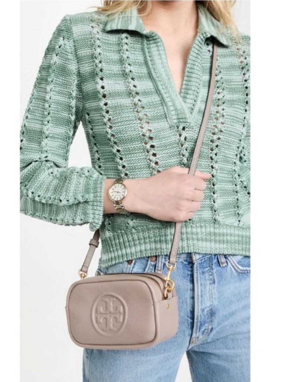 Tory Burch Kira Pebbled Leather Crossbody Bag in Taupe - Picture 2 of 9